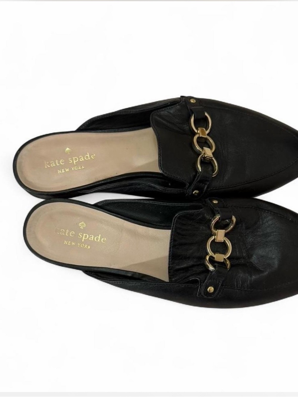 🦋kate spade Black Leather Slip-On Loafers with Gold Chain Accent
